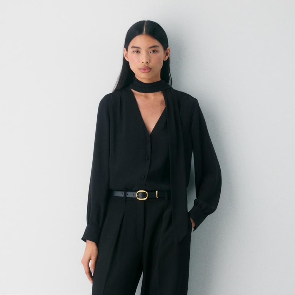 Satin Crepe Neck Tie Blouse